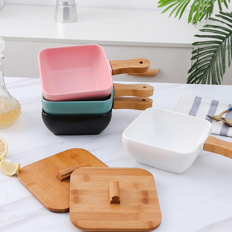 Nordic wooden handle plates, ceramic square plates, fruit salad plates and bowls, creative and practical kitchen bowls for home use details Picture