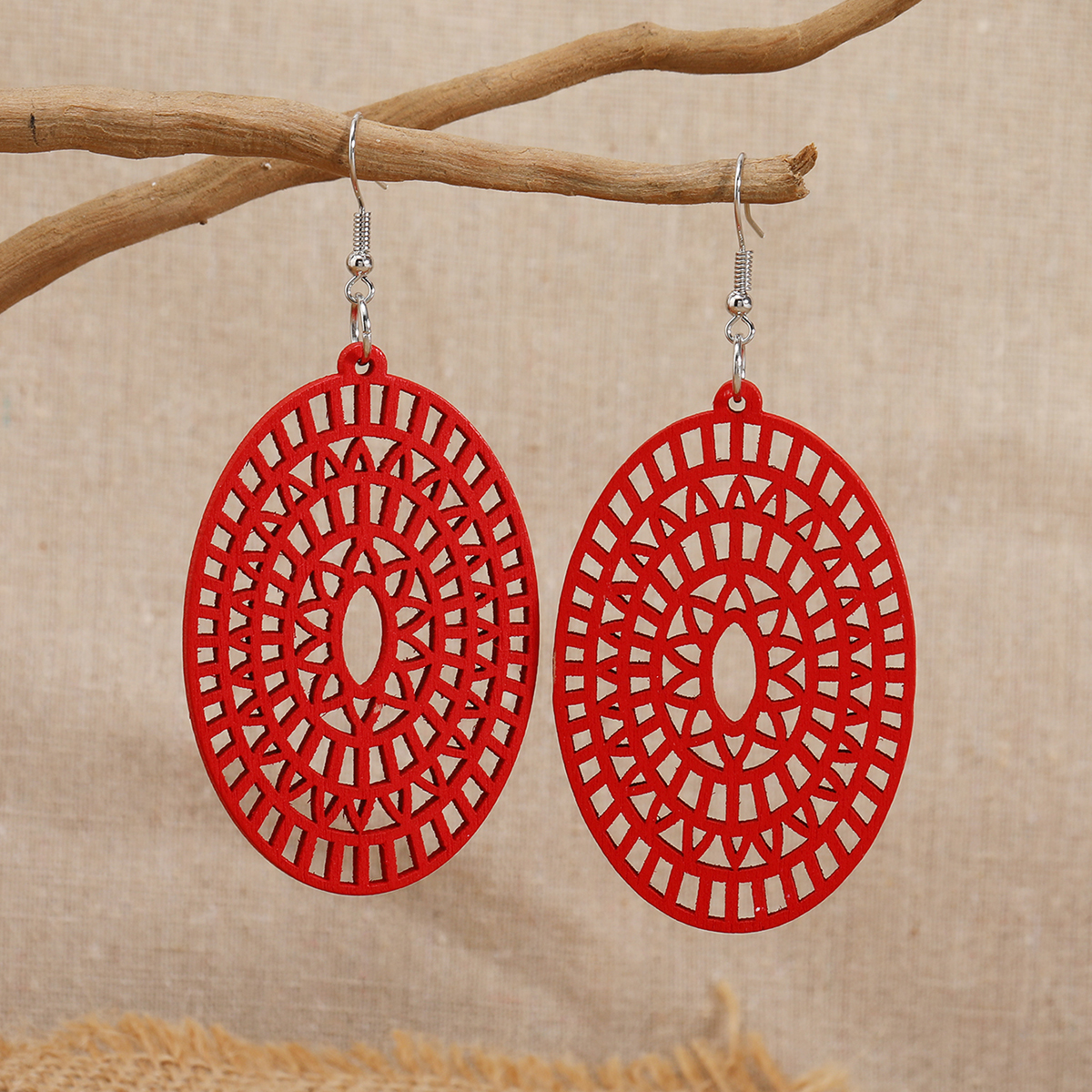 新款天然手工木质耳环波西米亚民族风椭圆形几何百搭耳坠