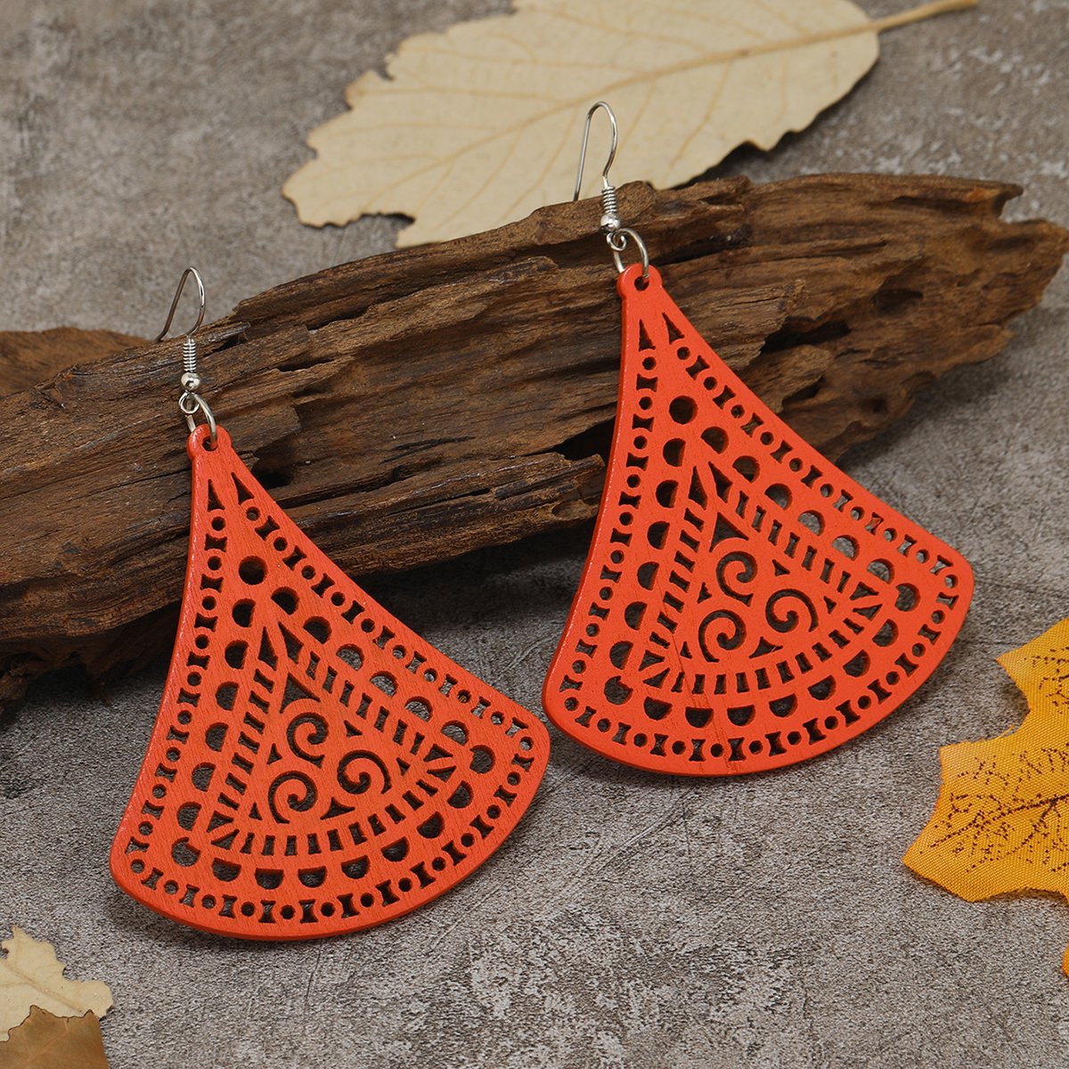 天然手工木质耳环波西米亚民族风复扇形几何百搭耳坠