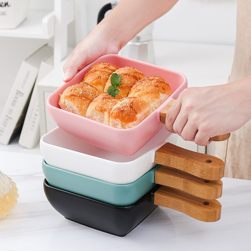 Nordic wooden handle plates, ceramic square plates, fruit salad plates and bowls, creative and practical kitchen bowls for home use Specification image