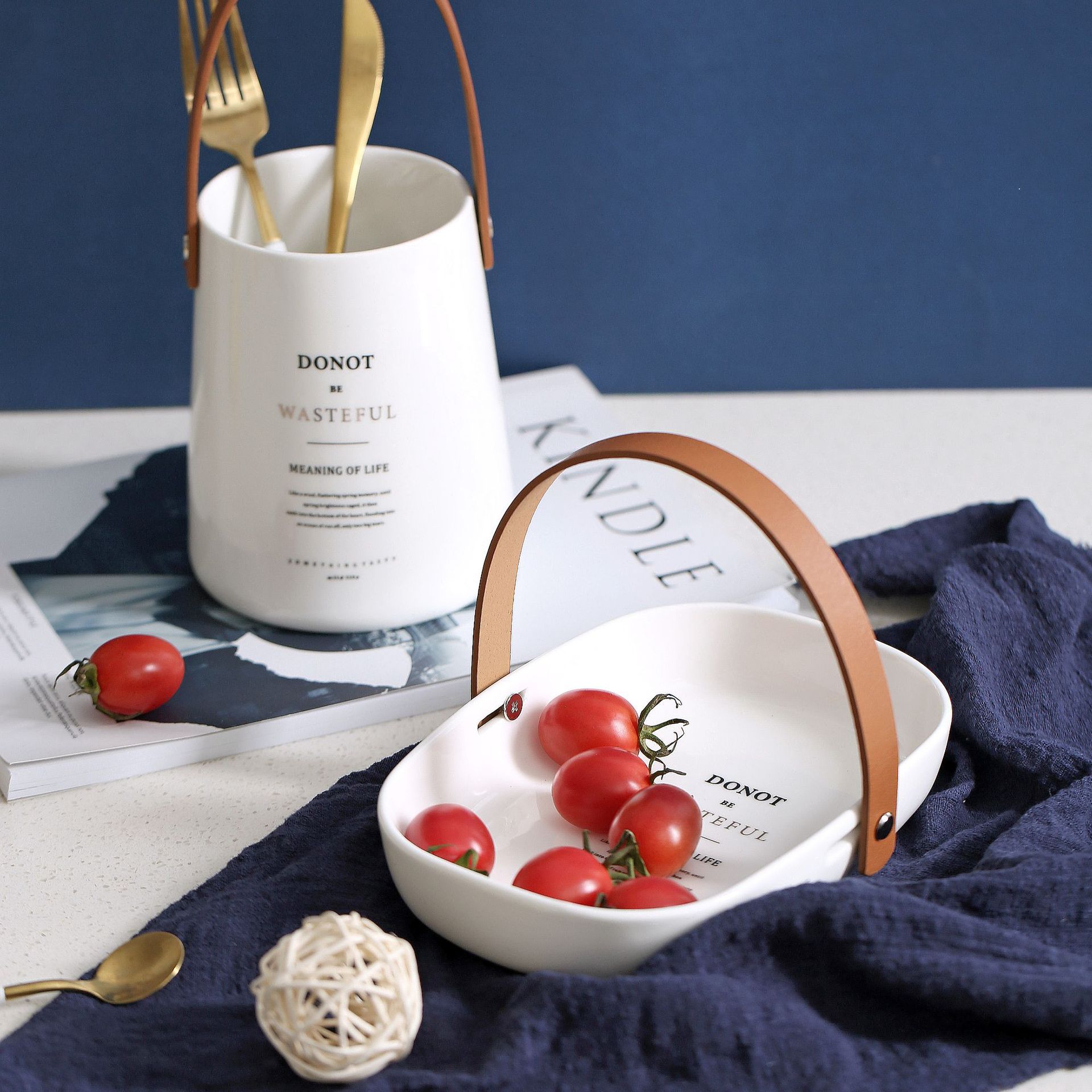 Nordic-style leather handle square plate, creative and simple small fruit plate, home kitchen ceramic tableware