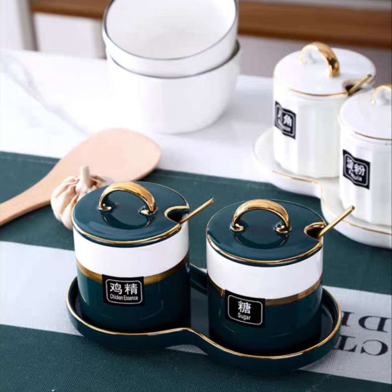 Ceramic white and green set two seasoning jars, ceramic white and green set two seasoning jars