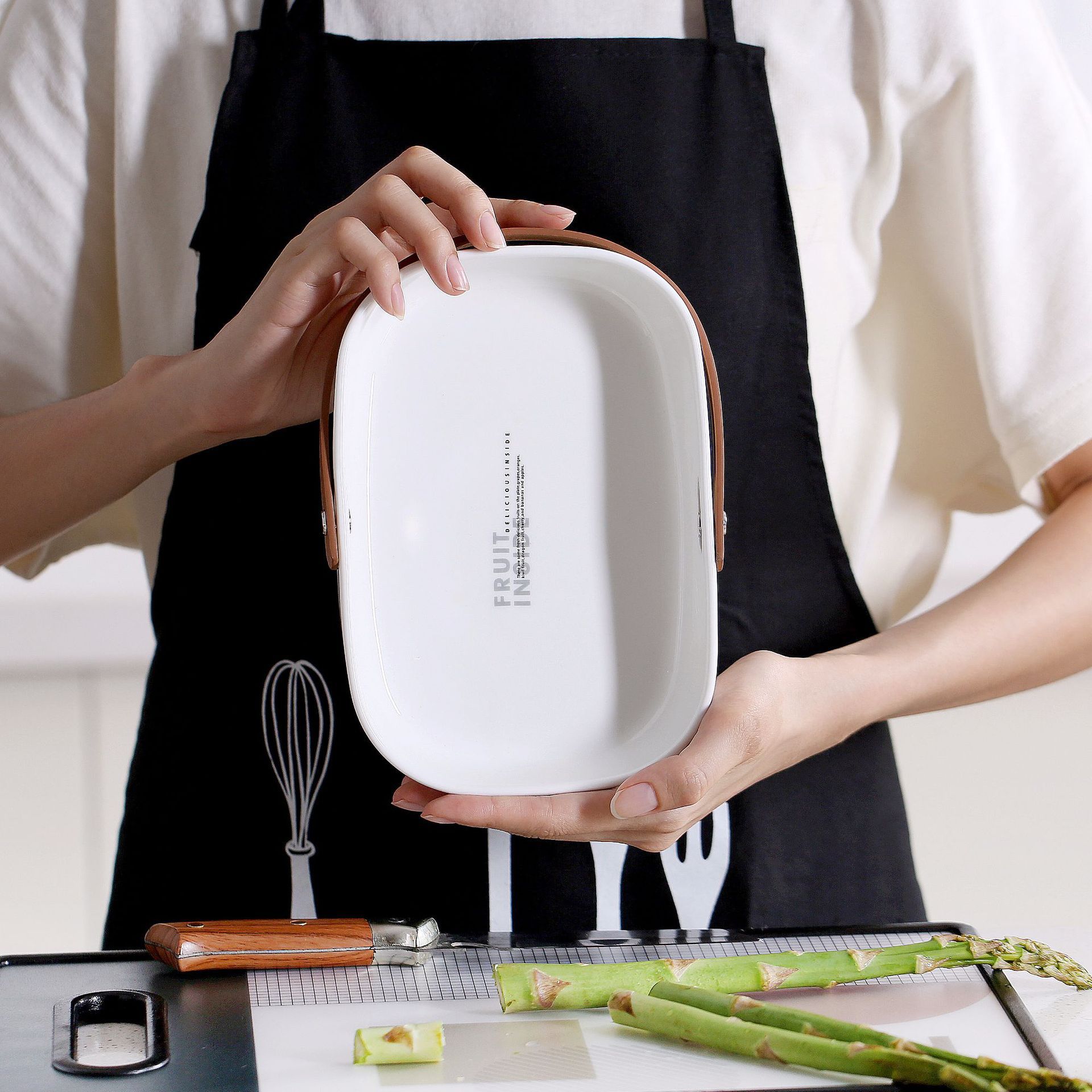 Nordic-style leather handle square plate, creative and simple small fruit plate, home kitchen ceramic tableware details Picture