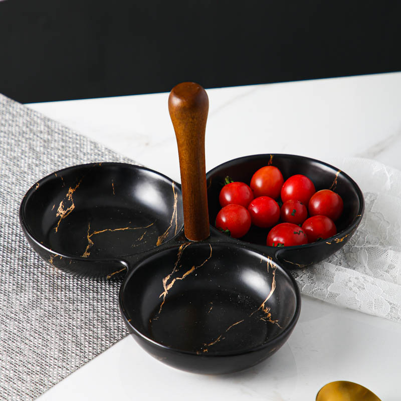 Ceramic marble-patterned three-disc dried fruit plate and snack compartments plate details Picture