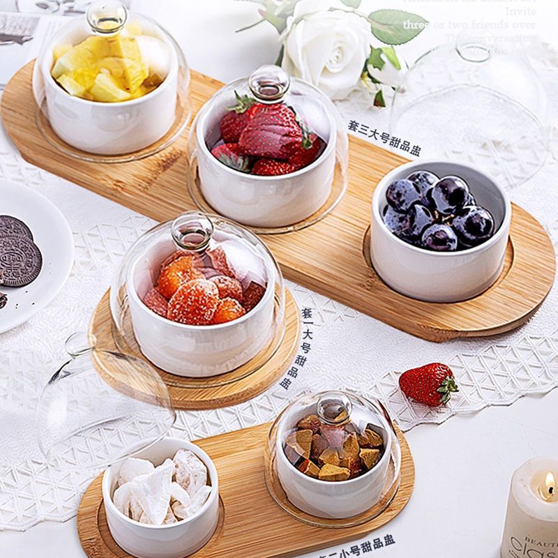 Afternoon tea tableware, household ceramic bird's nest dessert with covered bowl, snack plate, dim sum plate, fruit plate, dried fruit plate wholesale Specification image