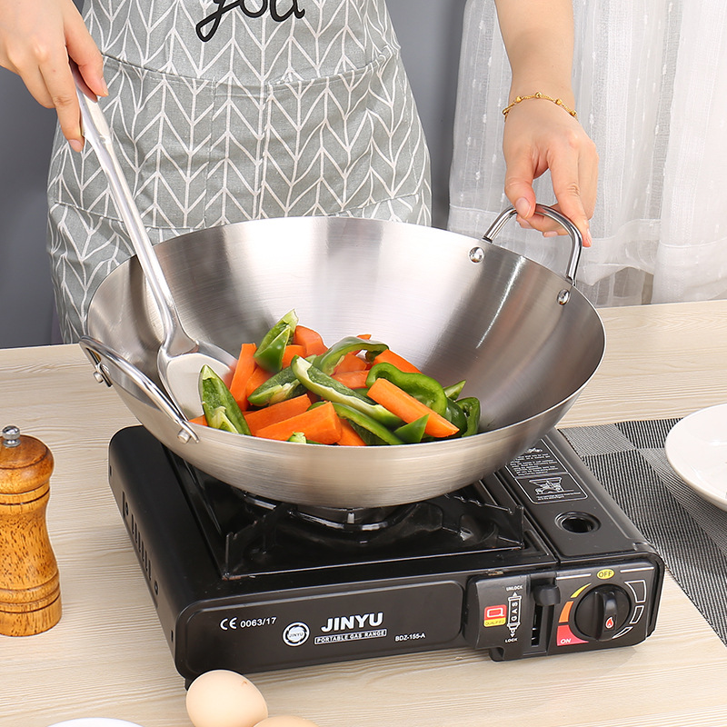 DF99722 European-style ear wok (sanded) Stainless steel wok, Double ear round bottom wok, wooden handle single handle wok, Big Ding stir-frying Ding, Commercial and agricultural DF Trading House details Picture