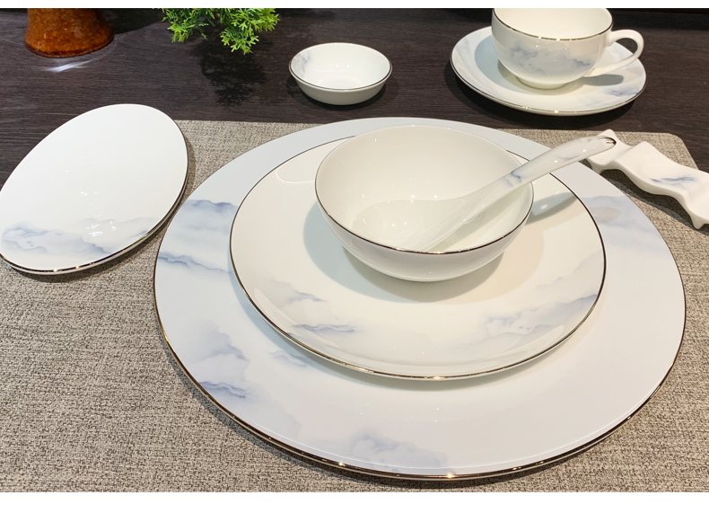 中式酒店摆台陶瓷餐具八件套盘碗碟勺杯餐厅会所山水画餐具套装餐盘陶瓷酒店用品盘子详情1