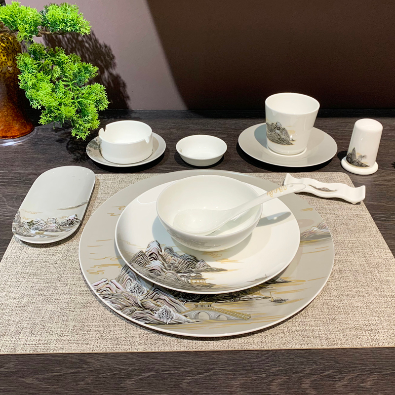 星级酒店摆台陶瓷八件套中式山水碗碟餐具饭店陶瓷九件套接待盘