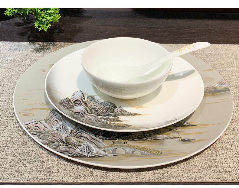 星级酒店摆台陶瓷八件套中式山水碗碟餐具饭店陶瓷九件套接待盘详情6