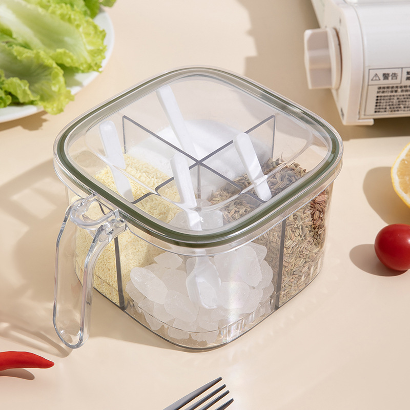 X121- Four-compartment Integrated Seasoning Box, Household condiment salt jar, kitchen seasoning bottle, sealed storage, seasoning jar complete set Specification image