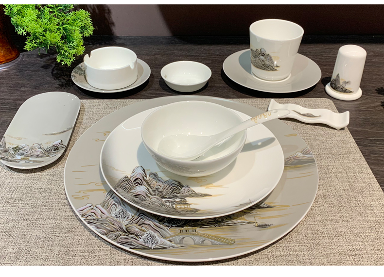 星级酒店摆台陶瓷八件套中式山水碗碟餐具饭店陶瓷九件套接待盘详情1