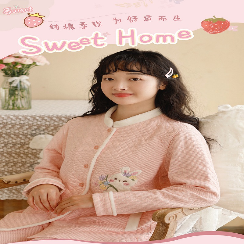 Autumn And Winter New Long-Sleeved Pajamas Women Three-Layer Cotton Cotton Women Air Layer Set Winter Warm Home Wear details Picture