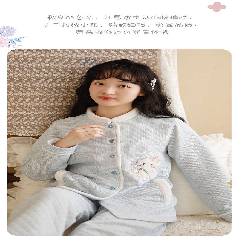 Autumn And Winter New Long-Sleeved Pajamas Women Three-Layer Cotton Cotton Women Air Layer Set Winter Warm Home Wear Specification drawing