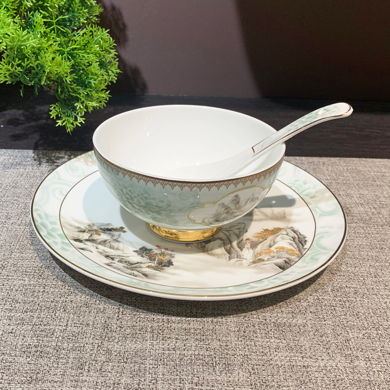Wholesale of ceramic bowl and plate sets for Chaozhou hotel supplies, light luxury club table setting eight-piece sets, and gold-edge tableware Item Picture