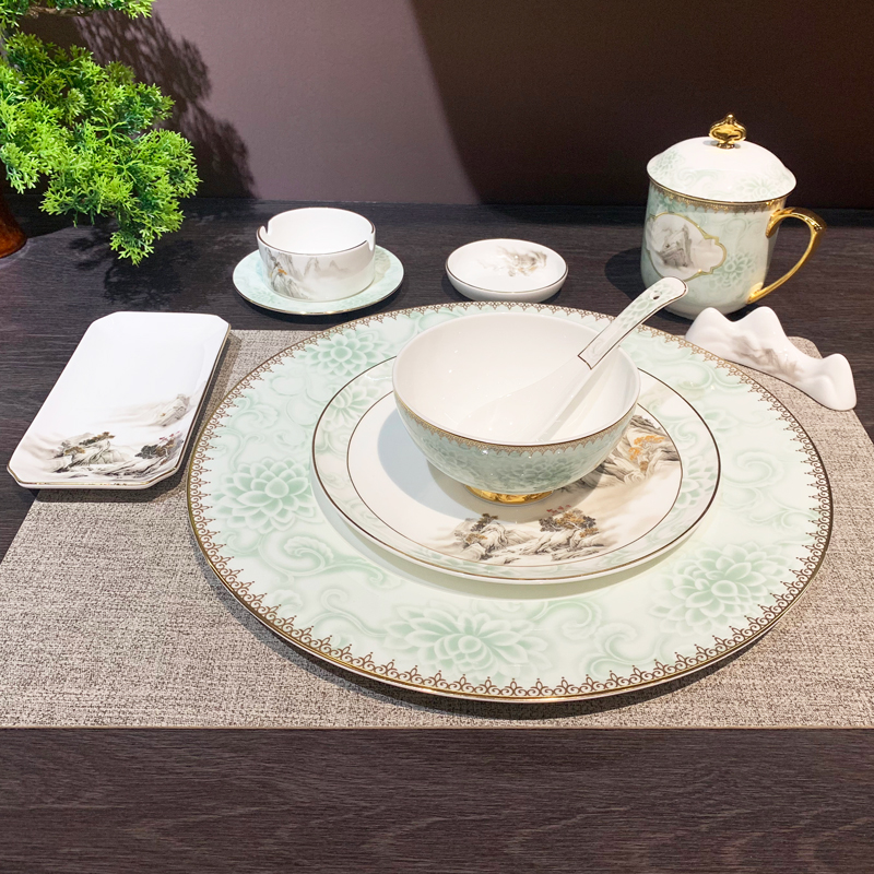 国潮潮州酒店用品陶瓷碗碟套装批发轻奢会所摆台八件套金边餐具批发