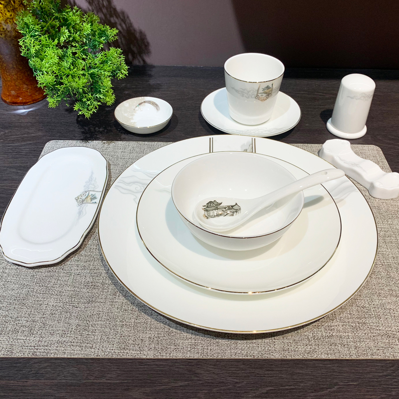 金边中式创意酒店餐具陶瓷盘碗套装摆台八件套饭店会所盘碟用品餐盘陶瓷