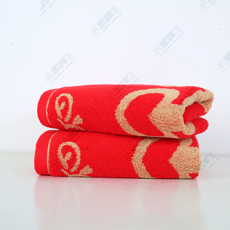 Red jacquard wedding towel with 32 strands of thread on both sides. Little Bee towel, item number: 709 Specification image