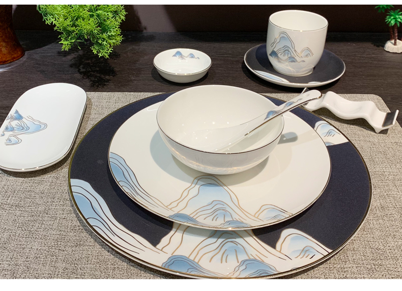 国潮星级酒店摆台陶瓷八件套套餐高档会所餐厅中式金边山水陶瓷餐具餐盘陶瓷详情1