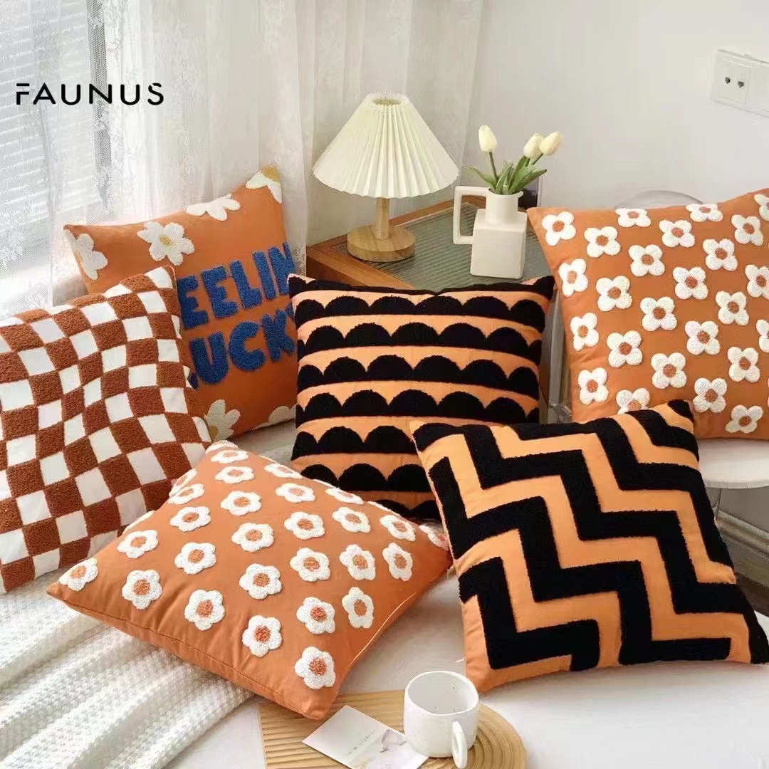 Three-Dimensional Embroidered Linen Sofa Pillow Cushion Square Wholesale Office Chair Waist Support Breathable Waist Pillow Case 45*45 details Picture
