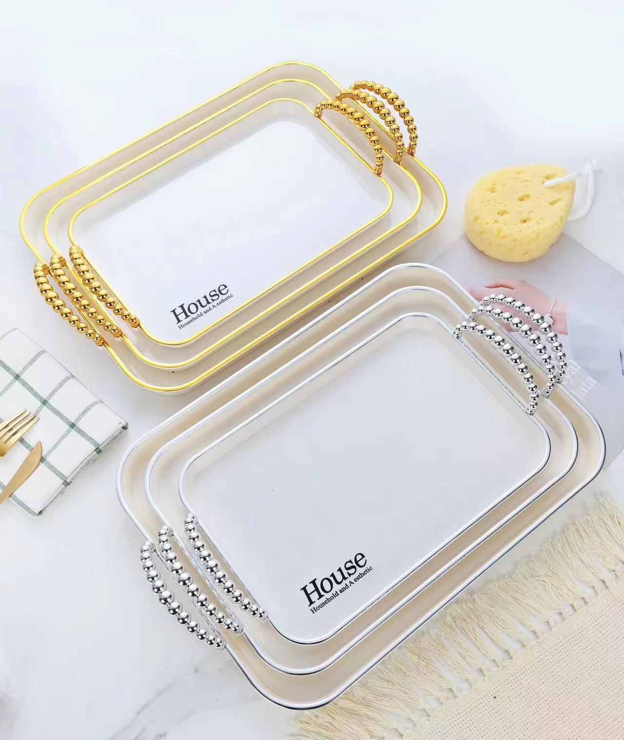 A set of PET light luxury trays for home dining, transparent tea cups, water cups, tea trays, plastic cups and plates, commercial dining plates Specification drawing
