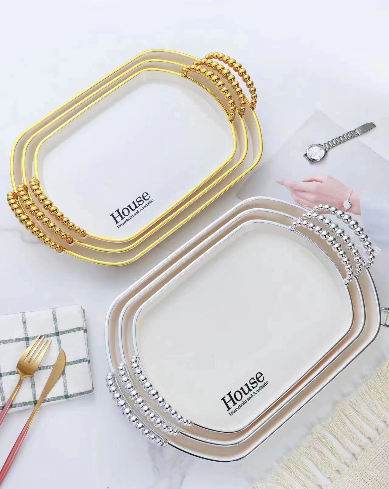 A set of PET light luxury trays for home dining, transparent tea cups, water cups, tea trays, plastic cups and plates, commercial dining plates Item Picture