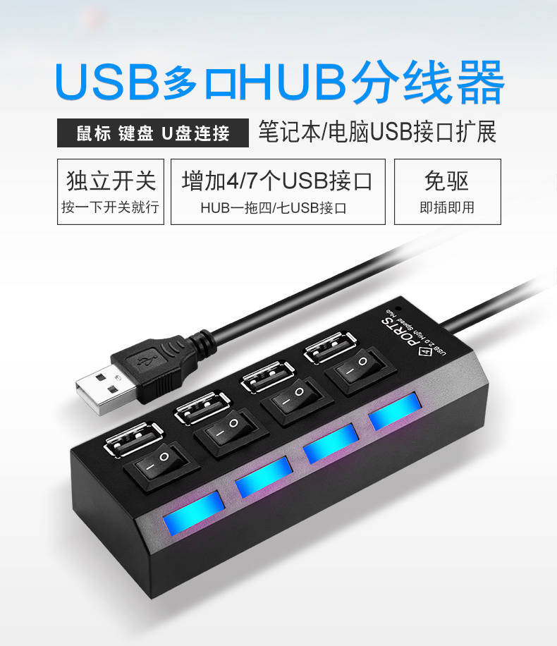 USB电脑接口分线器带开关HUB 4孔独立开关HUB USB2.0集线器 一拖四多接口集线器详情图14