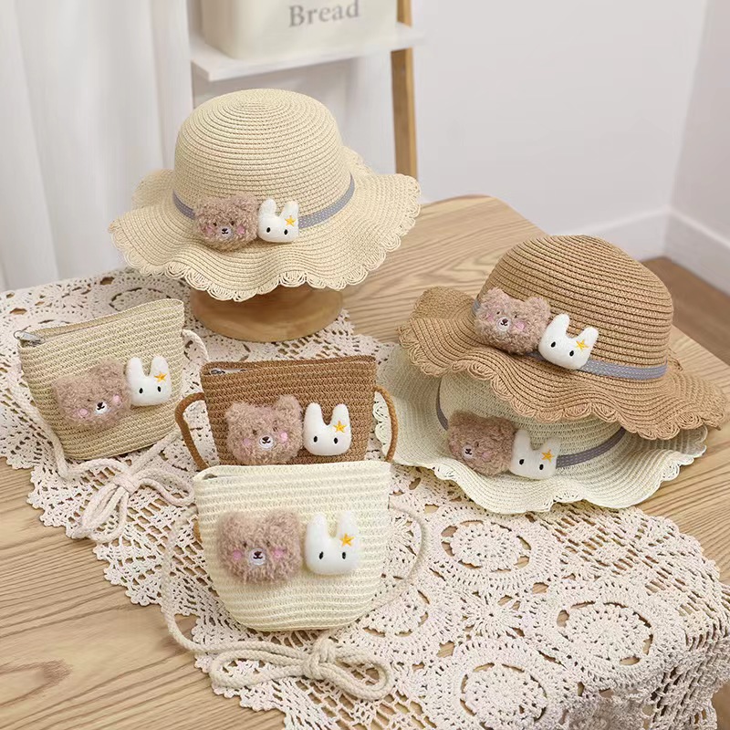 New Girl Bear Child Sun Protection Straw Hat Princess Sun Hat Foldable Beach Hat Bag Set
