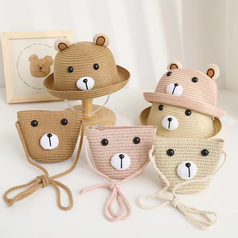 Summer Children's Sun Protection Hat Baby Bear Straw Hat Bag Set Children And Girls Cute Big Shade Sun Hat