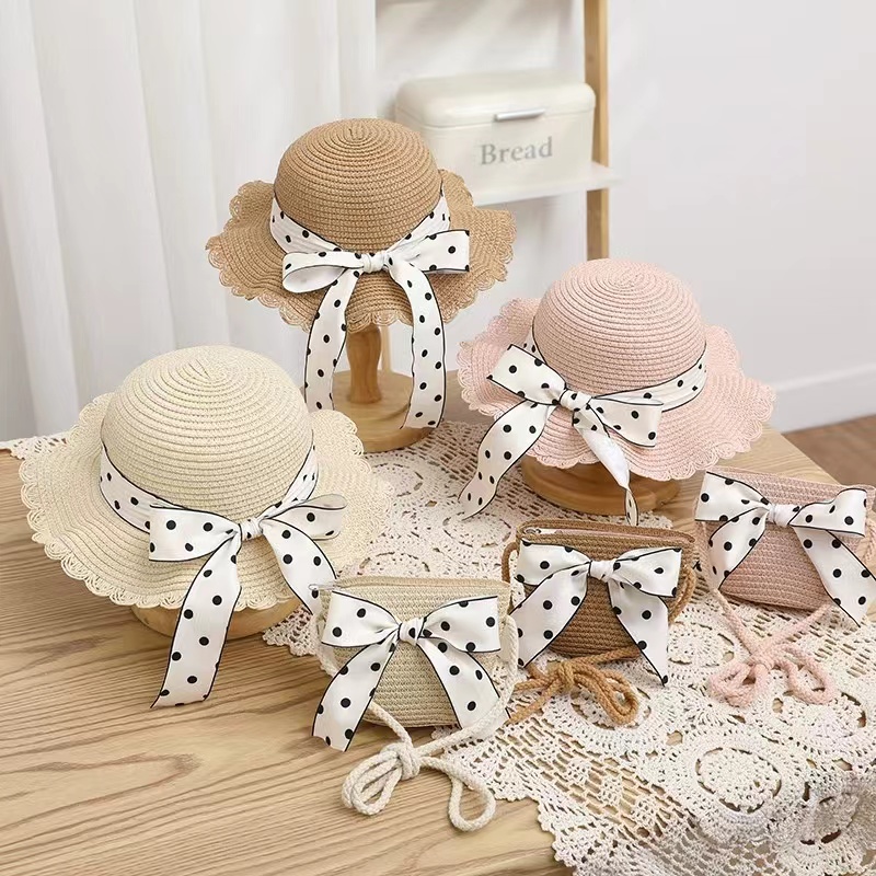 New Girl's Big Bow Child Sun Protection Straw Hat Princess Sun Hat Foldable Beach Hat Bag Set