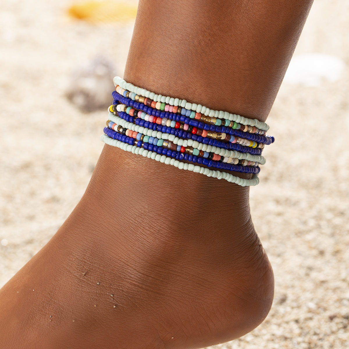 欧美跨境波西米亚彩色米珠编串珠脚链百搭沙滩彩色米珠脚饰脚环