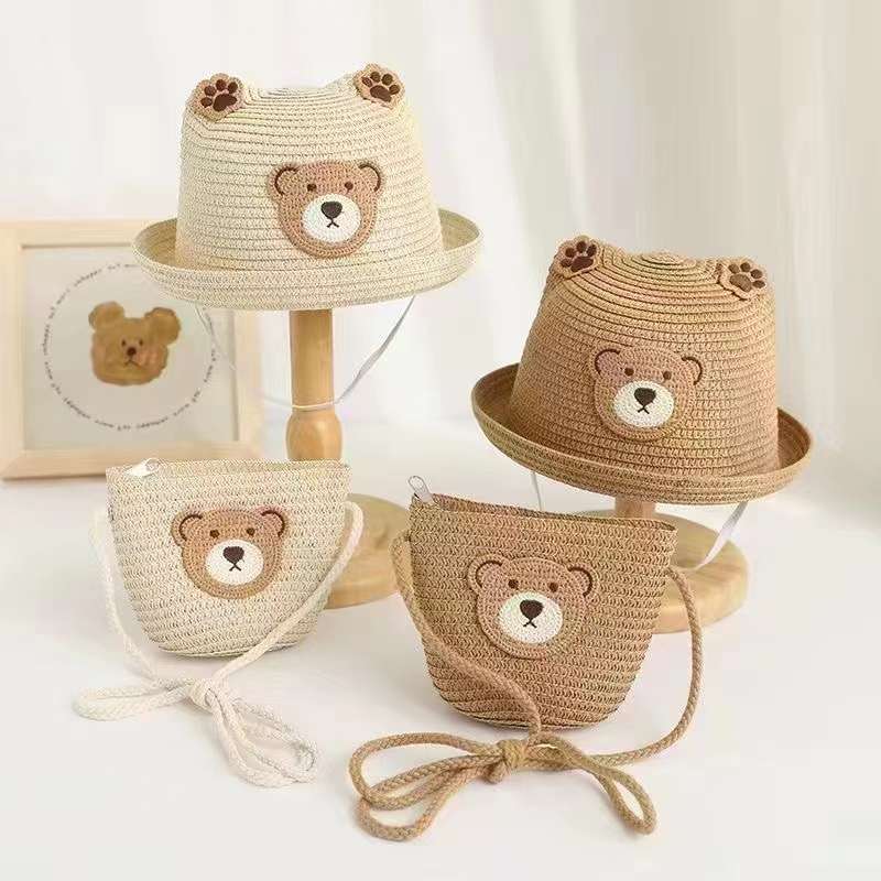 Summer Children's Sun Protection Hat Baby Bear Straw Hat Bag Set Children And Girls Cute Big Shade Sun Hat Cool