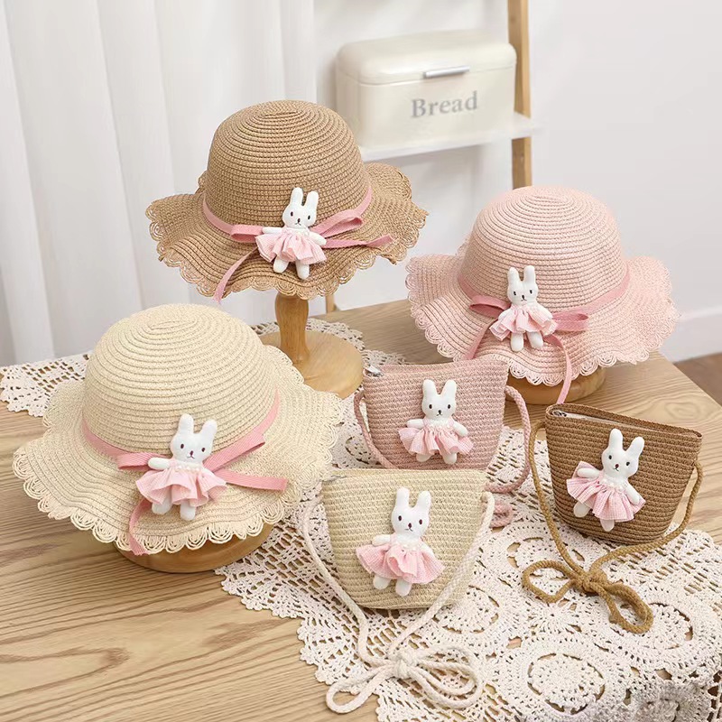 Summer Children's Sun Protection Hat Baby Rabbit Straw Hat Bag Set Children And Girls Cute Big Shade Sun Hat Cool
