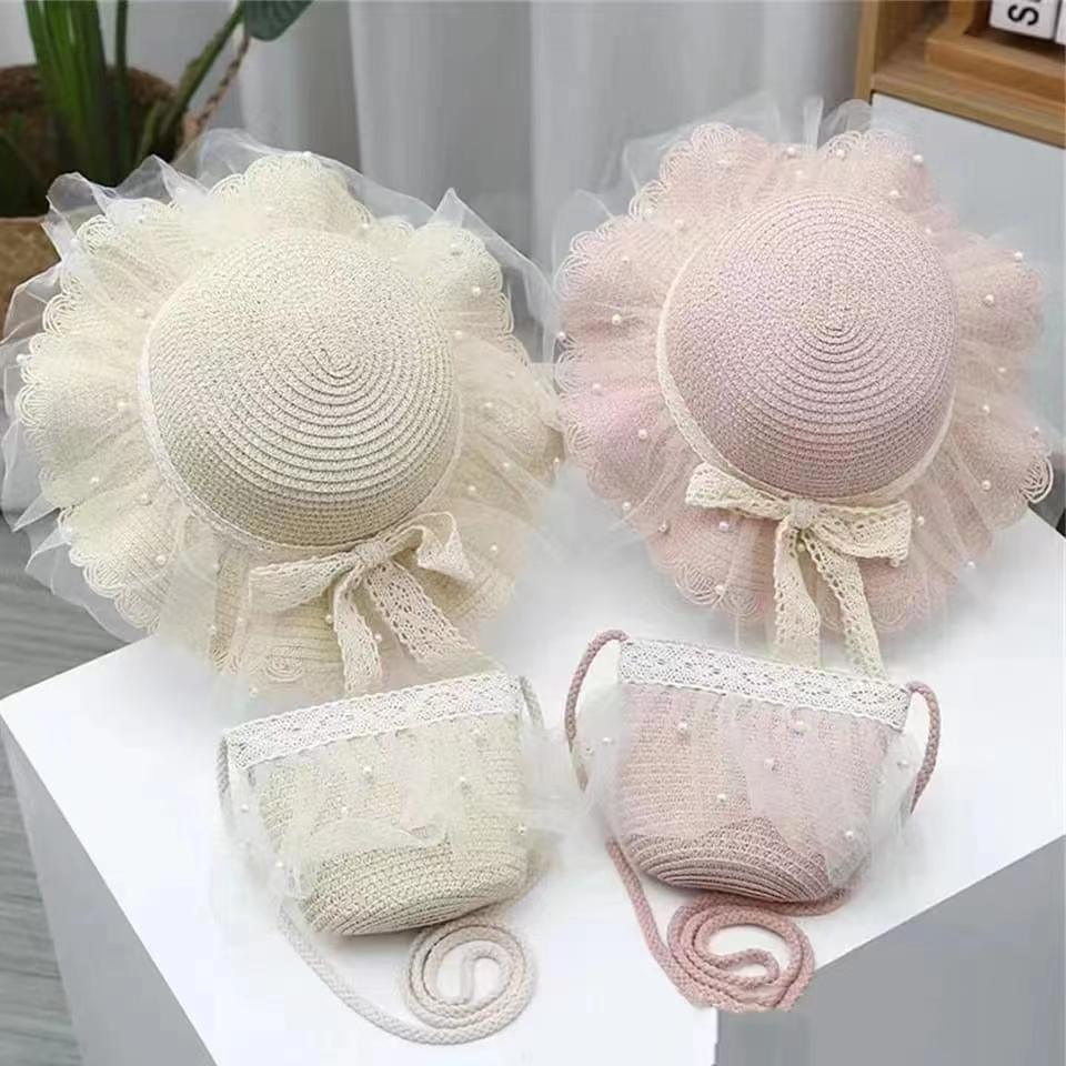 Children's Straw Hat Summer Girl's Straw Hat Bag Set Princess Lace Beach Sun Hat Baby Sun Protection Hat