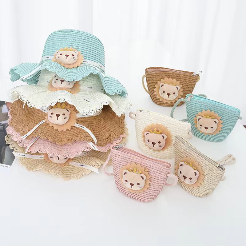 Summer Children's Sun Protection Hat Baby Little Lion Straw Hat Bag Set Children And Girls Cute Big Shade Sun Hat Cool
