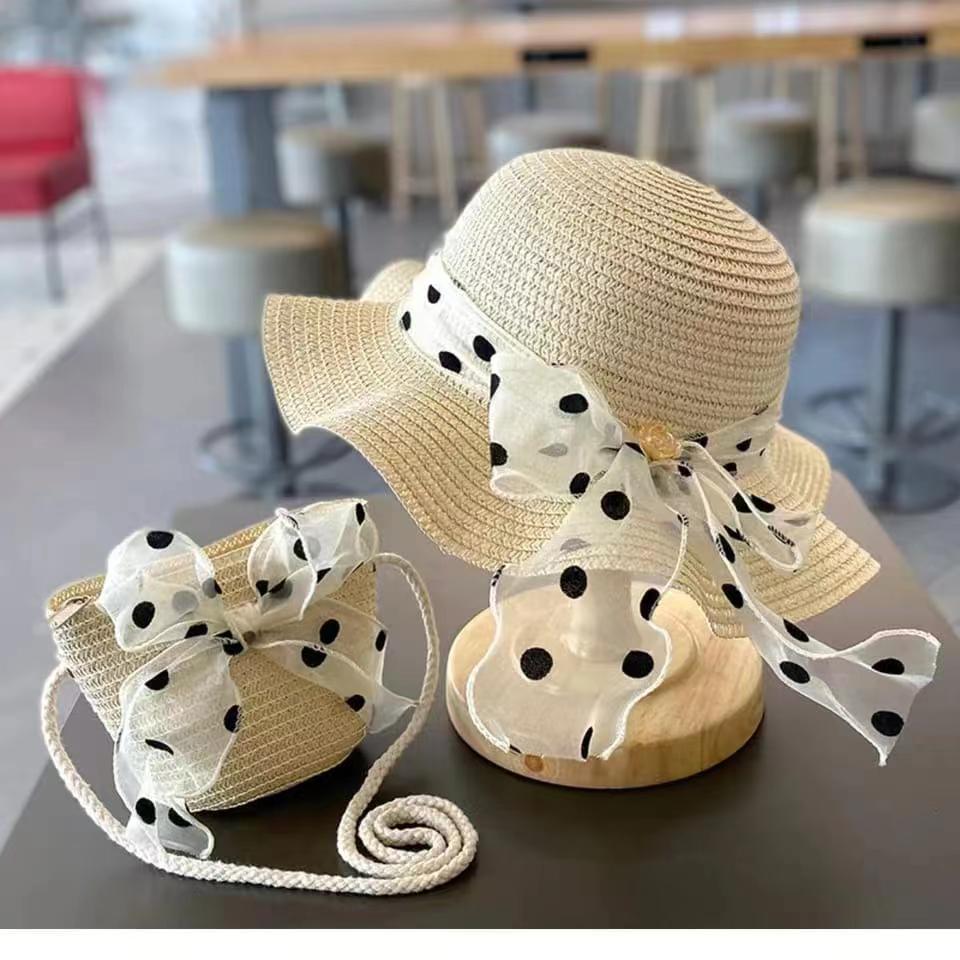French Retro Elegance Hepburn Polka Dot Bow Sunshade Straw Hat Women Summer Beach Holiday Sun Basin Hat