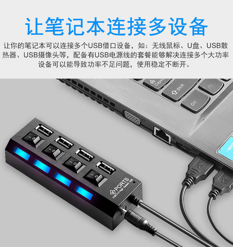 USB电脑接口分线器带开关HUB 4孔独立开关HUB USB2.0集线器 一拖四多接口集线器详情图18