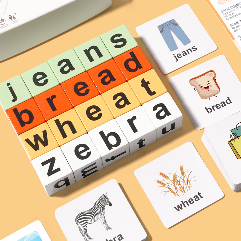 儿童英语单词卡木质拼单词玩具蒙台梭利早教变脸魔方多人对战桌游