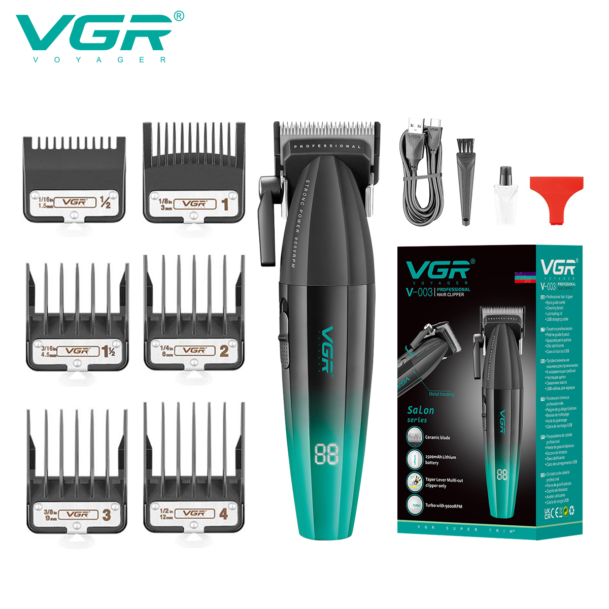 VGR003 Green Metal Gradient Hair Clipper Electric Pusher High Power Hairdressing Tool Salon Digital Display Professional Electric Trimmer