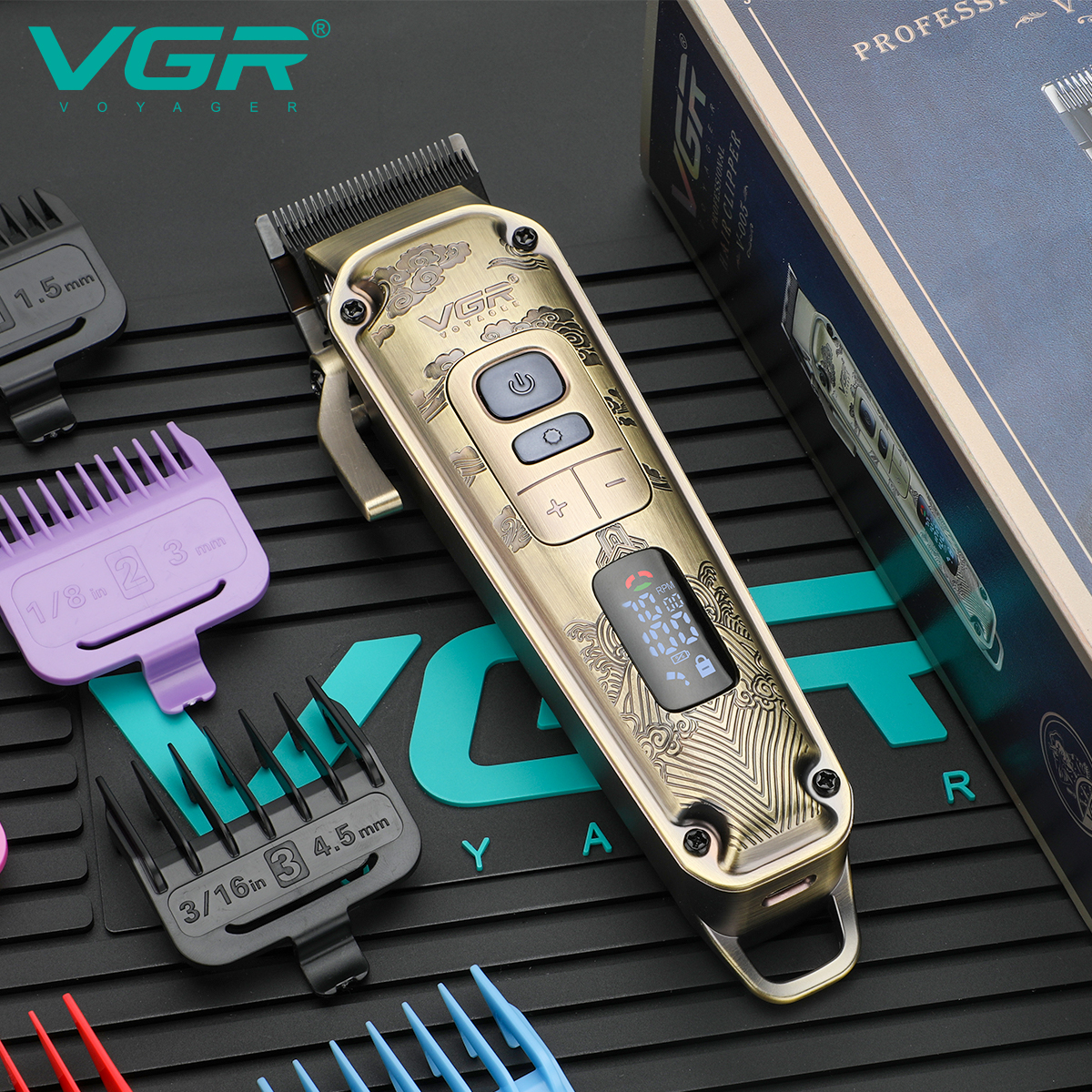 VGR005 new model hair clipper with digital display, designed for professional salons and retro home use. It is rechargeable and made of metal, providing a precise and stylish haircut. Application Scenario