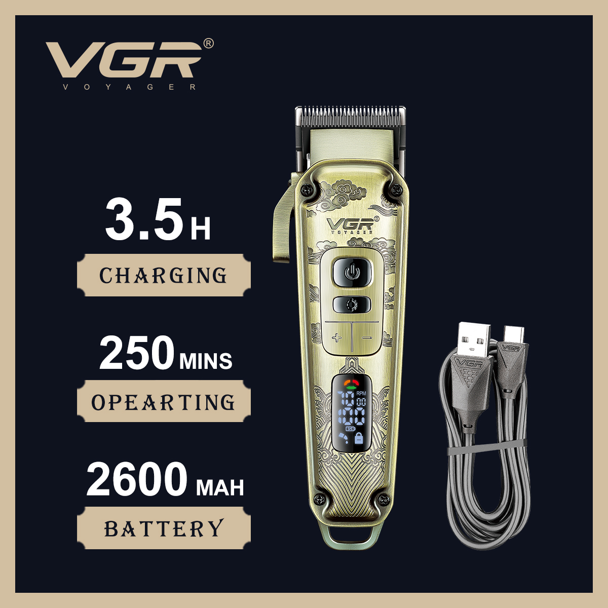 VGR005 new model hair clipper with digital display, designed for professional salons and retro home use. It is rechargeable and made of metal, providing a precise and stylish haircut. details Picture