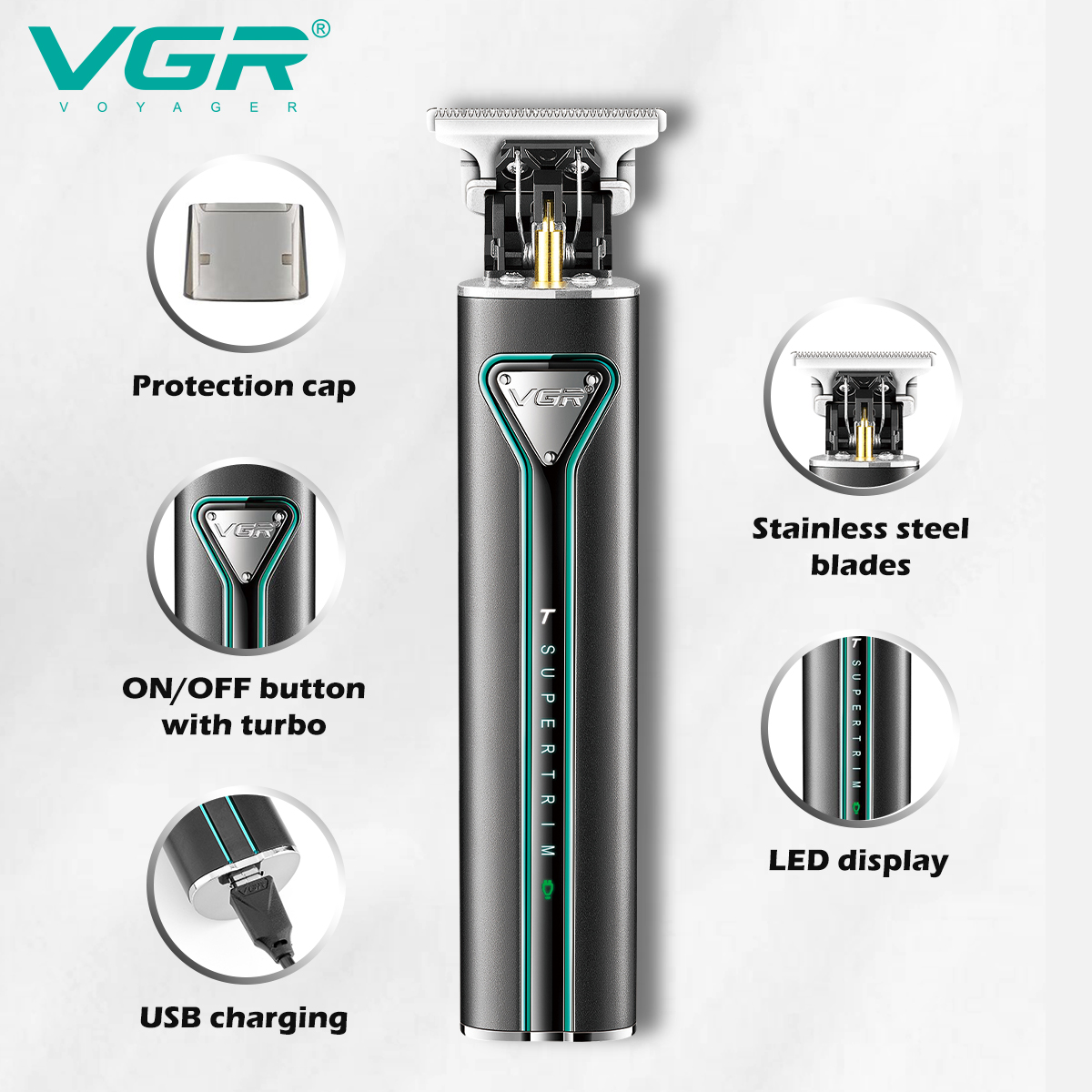 VGR Cross-border Oil Head Hair Clipper Carving Trimmer Rechargeable Push White Engraving Mark Pusher Professional Electric Hair Clipper V-009 thumbnail