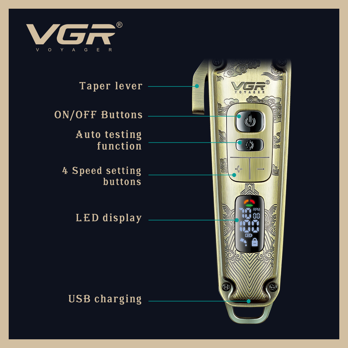 VGR005 new model hair clipper with digital display, designed for professional salons and retro home use. It is rechargeable and made of metal, providing a precise and stylish haircut. Item Picture