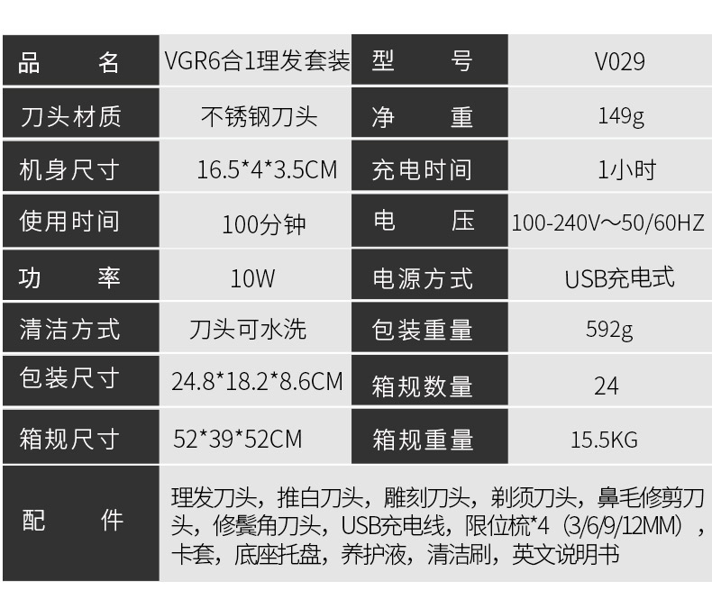 VGR029多功能理发器USB充电跨境专供男士套装电推剪剃须刀修剪器详情6