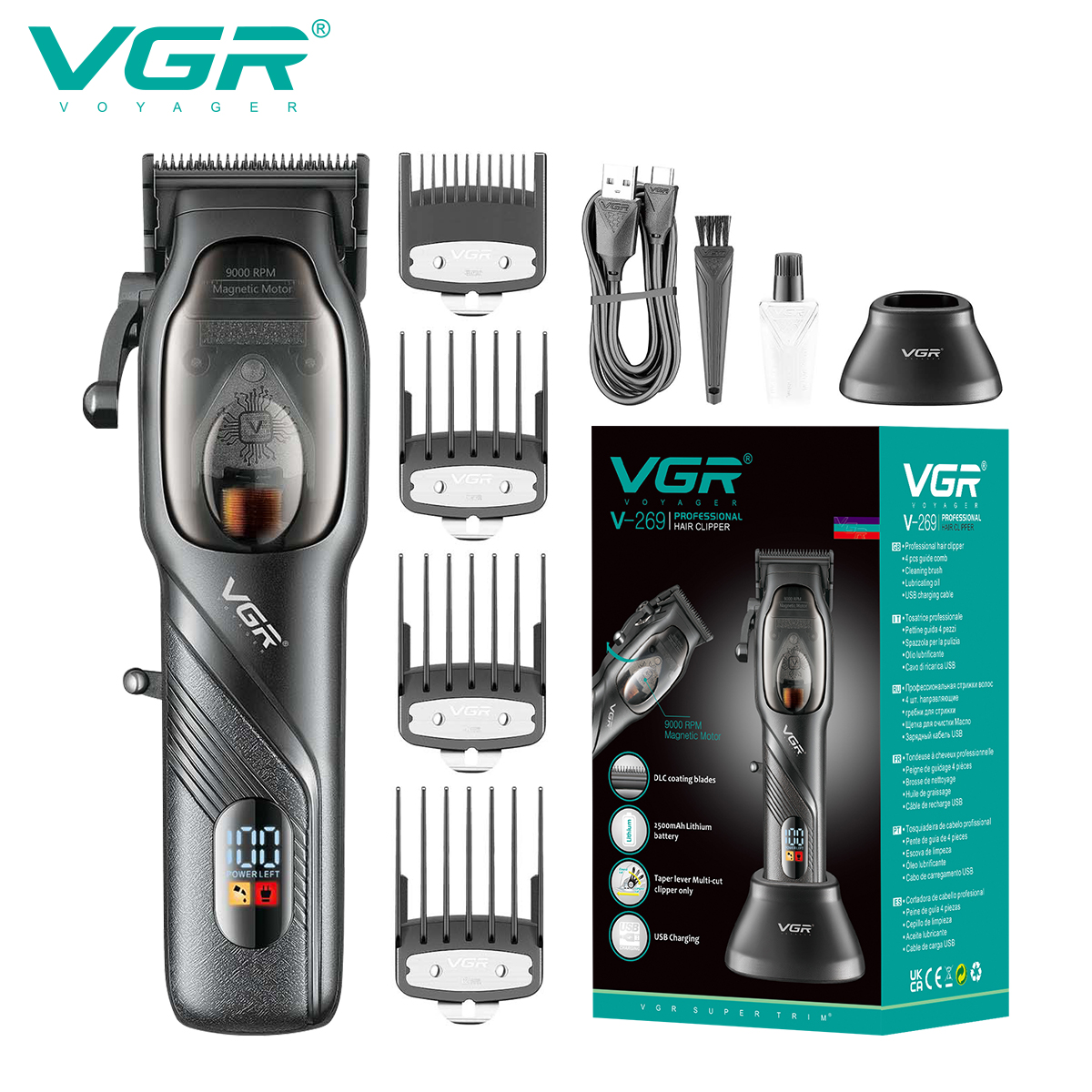 VGR269 high-speed magnetic motor hair clipper, professional hair razor, hair salon professional with base, rechargeable electric clipper