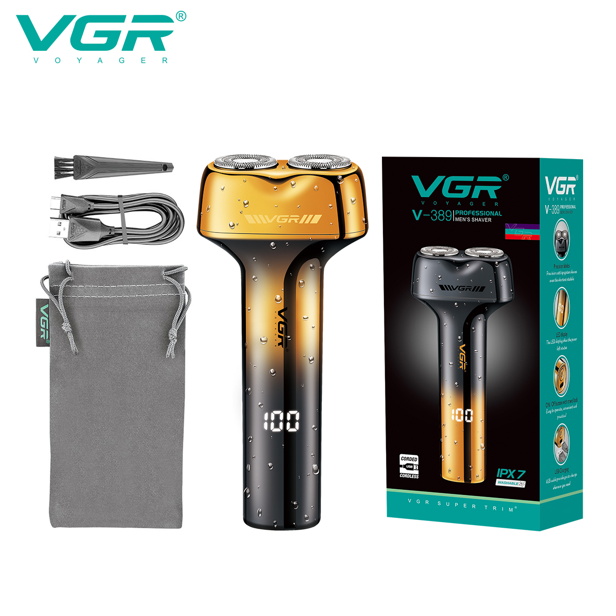 VGR7 waterproof double-head shaver, cross-border USB charging, professional portable electric clipper, household V-389 Specification image