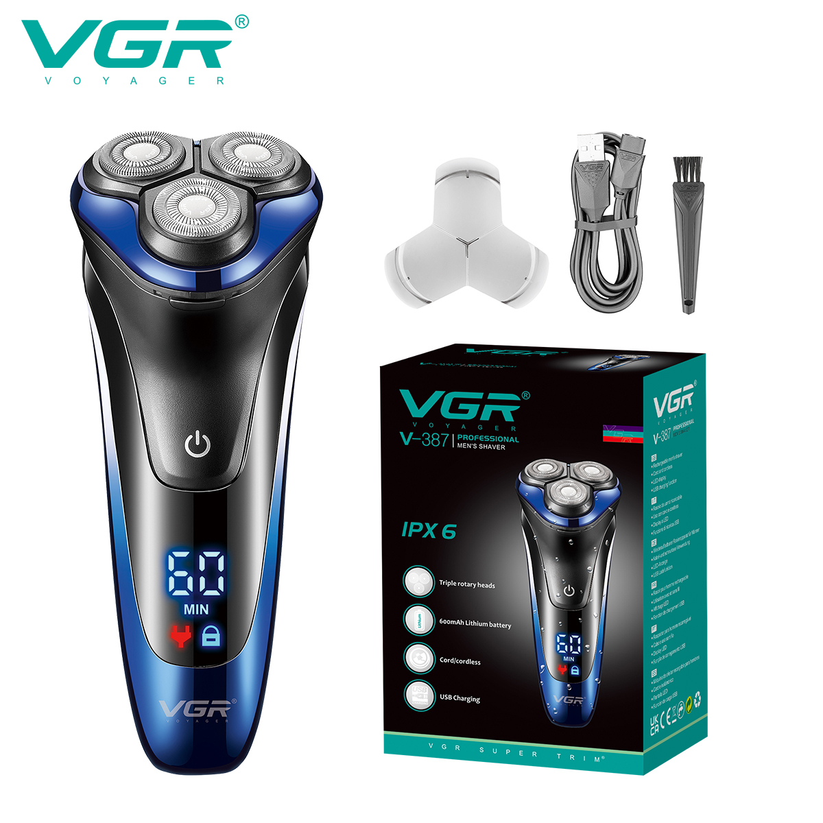 VGR387智能3D浮动电动剃须刀充电6级防水刮胡刀三头男士胡须刀图