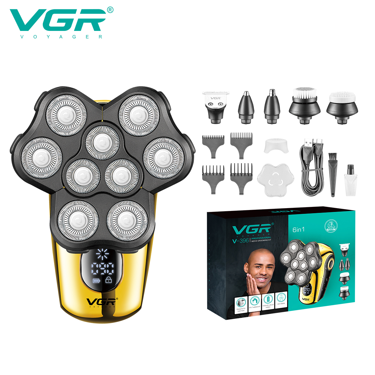 VGR396 6-in-1 Men's Set, full-body washable LCD digital display 6-in-1 rechargeable electric Bald shaver