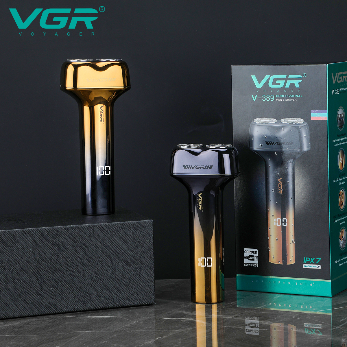 VGR7 waterproof double-head shaver, cross-border USB charging, professional portable electric clipper, household V-389 Item Picture