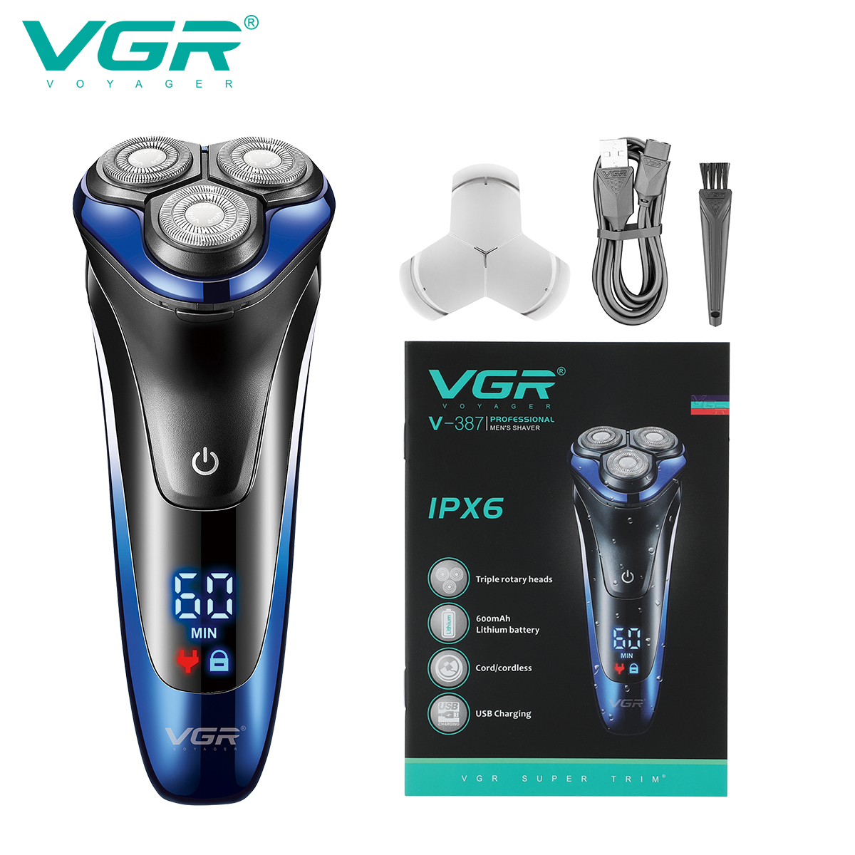 VGR387智能3D浮动电动剃须刀充电6级防水刮胡刀三头男士胡须刀白底实物图