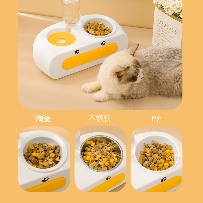 Cat automatic drinking bowl, double bowl, ceramic stainless steel dog food bowl, anti-slip and anti-knock neck protection, double bowl for feeding pets Specification image
